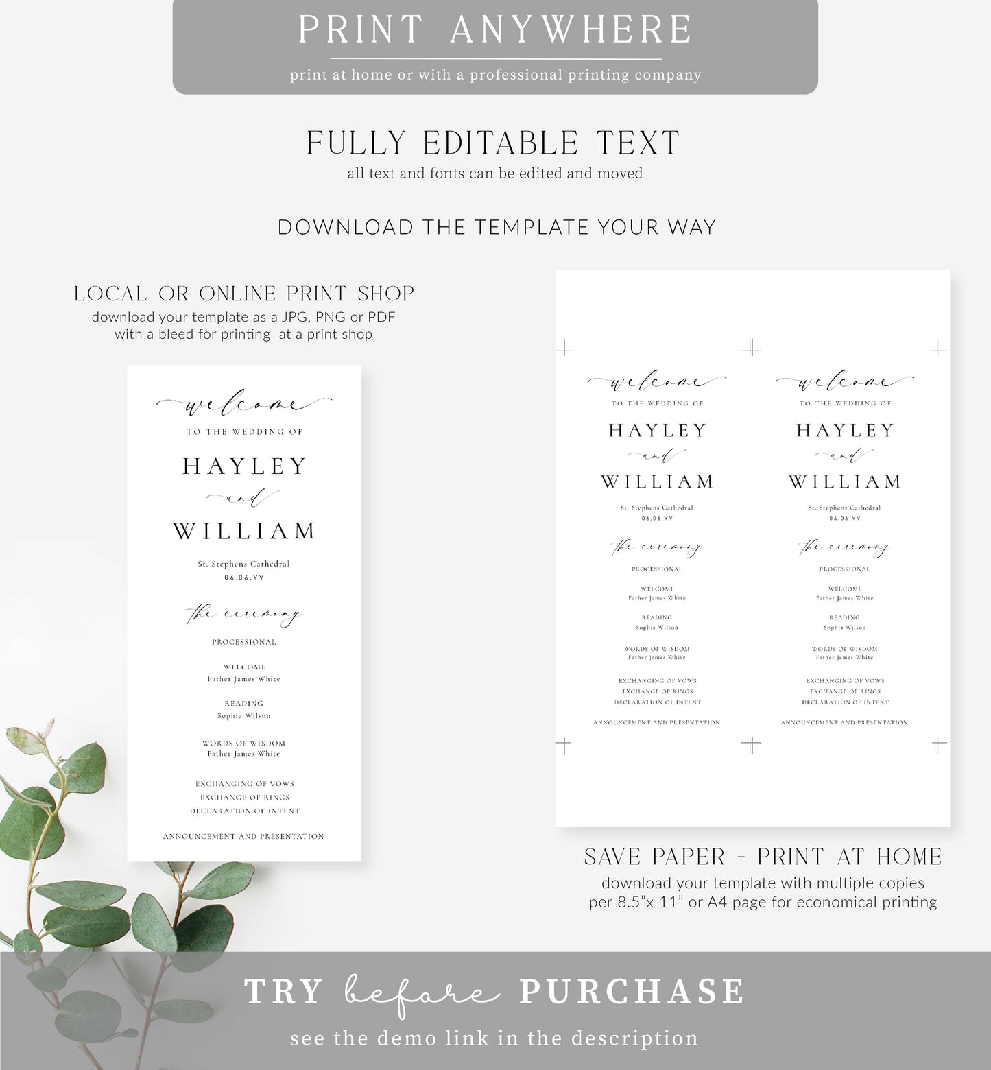 Ellesmere White | Printable Wedding Program Template