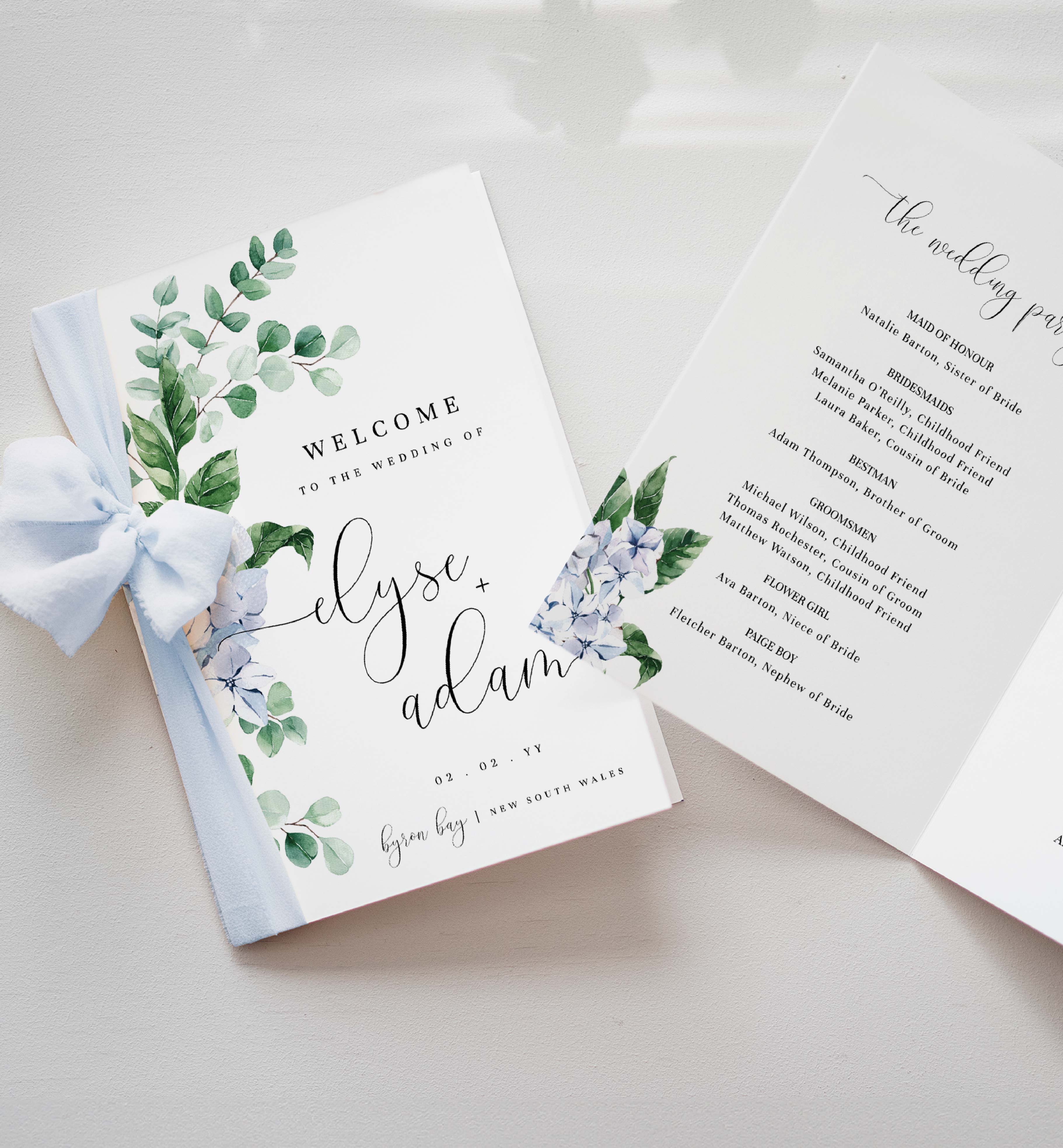 Folded Program Ferras Blossom Blue | Printable Wedding Folded Program Template – Black ...