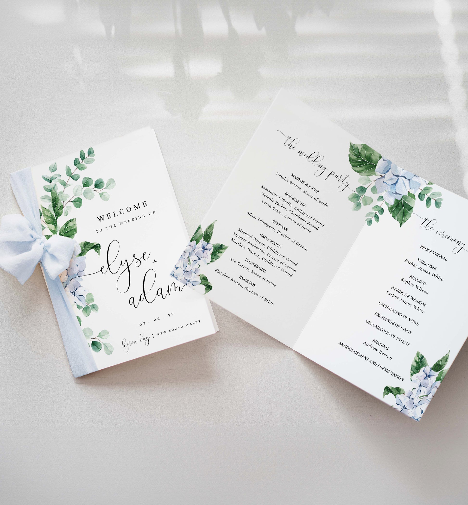 Printable Wedding Ceremony Program Template, Blue Hydrangea, Wedding Order of Ceremony Booklet Program, Single Fold Program, Ferras