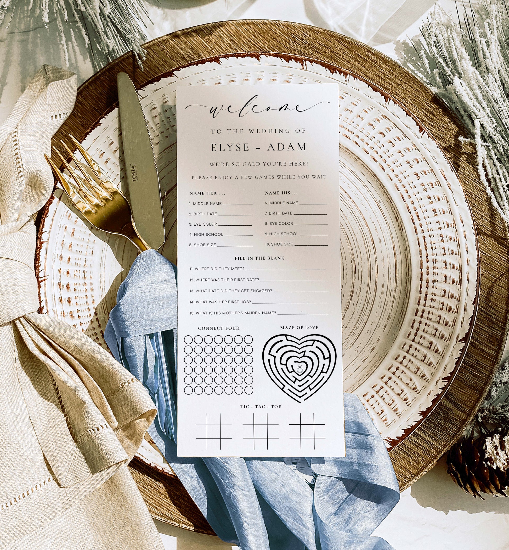 Wedding Quiz and Menu Template, Elegant Wedding Menu, Editable Minimalist Wedding Menu, Printable Dinner Menu, Couples Trivia, Ellesmere