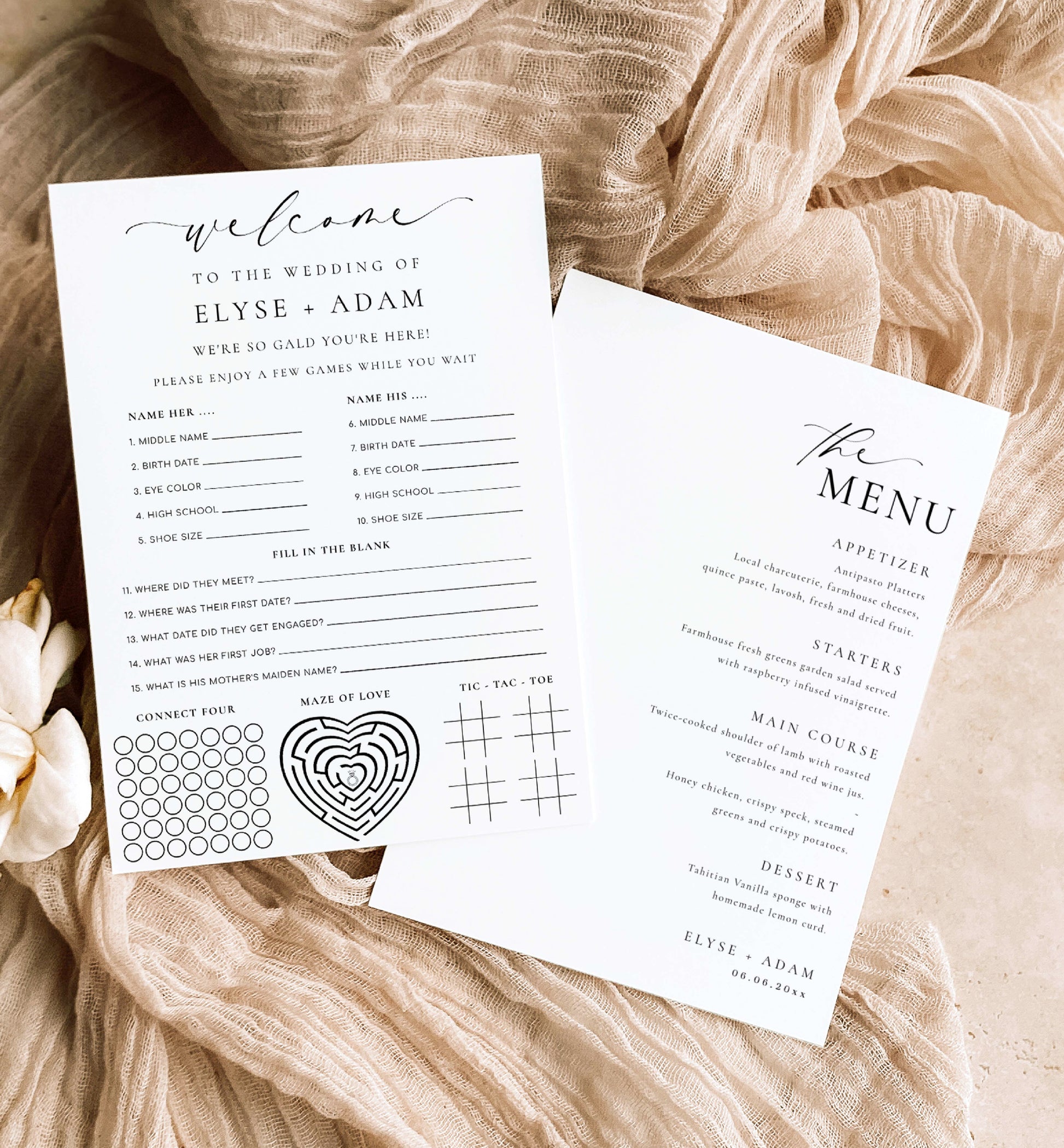 Wedding Quiz and Menu Template, Elegant Wedding Menu, Editable Minimalist Wedding Menu, Printable Dinner Menu, Couples Trivia, Ellesmere