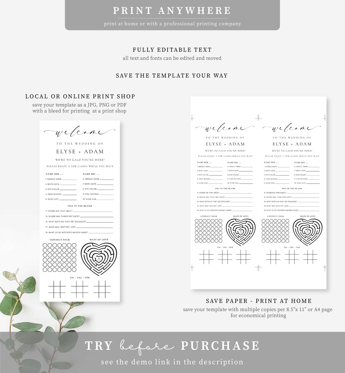 Wedding Quiz and Menu Template, Elegant Wedding Menu, Editable Minimalist Wedding Menu, Printable Dinner Menu, Couples Trivia, Ellesmere