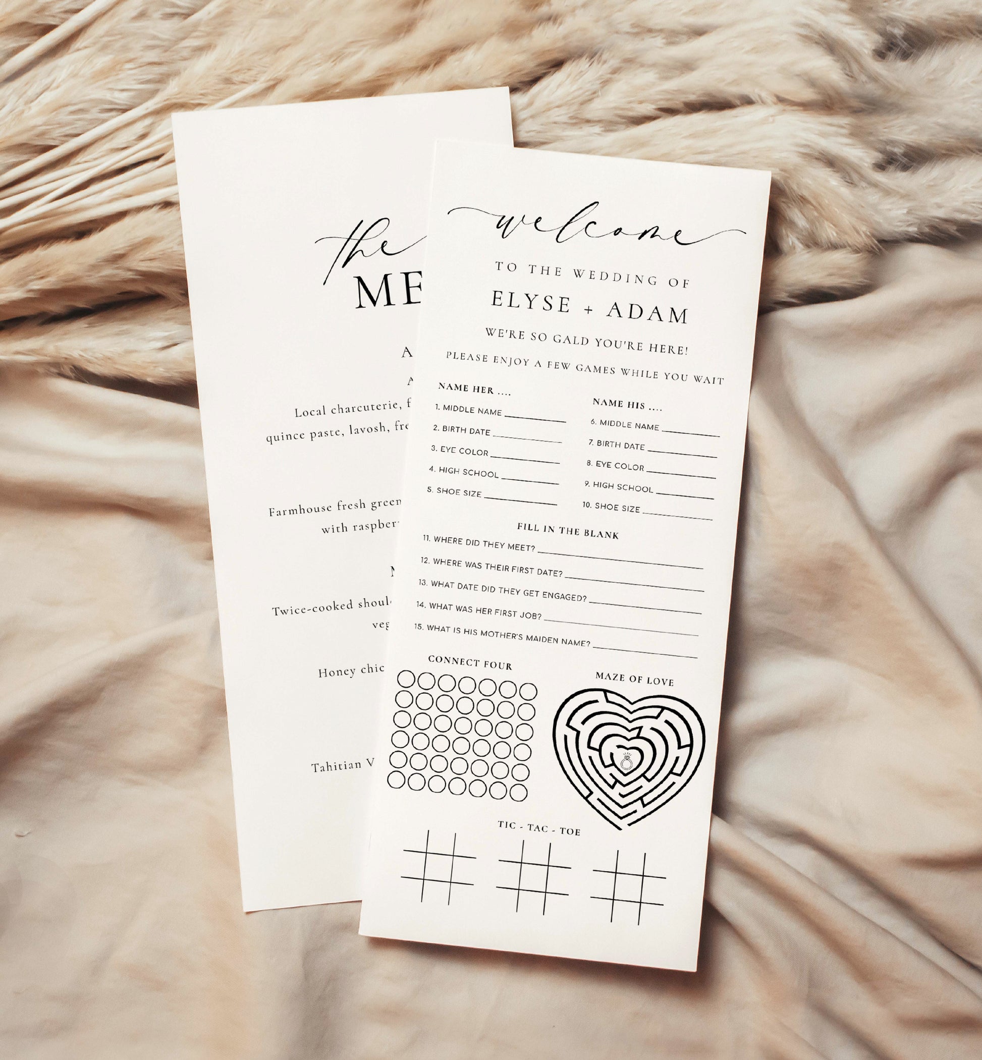 Wedding Quiz and Menu Template, Elegant Wedding Menu, Editable Minimalist Wedding Menu, Printable Dinner Menu, Couples Trivia, Ellesmere