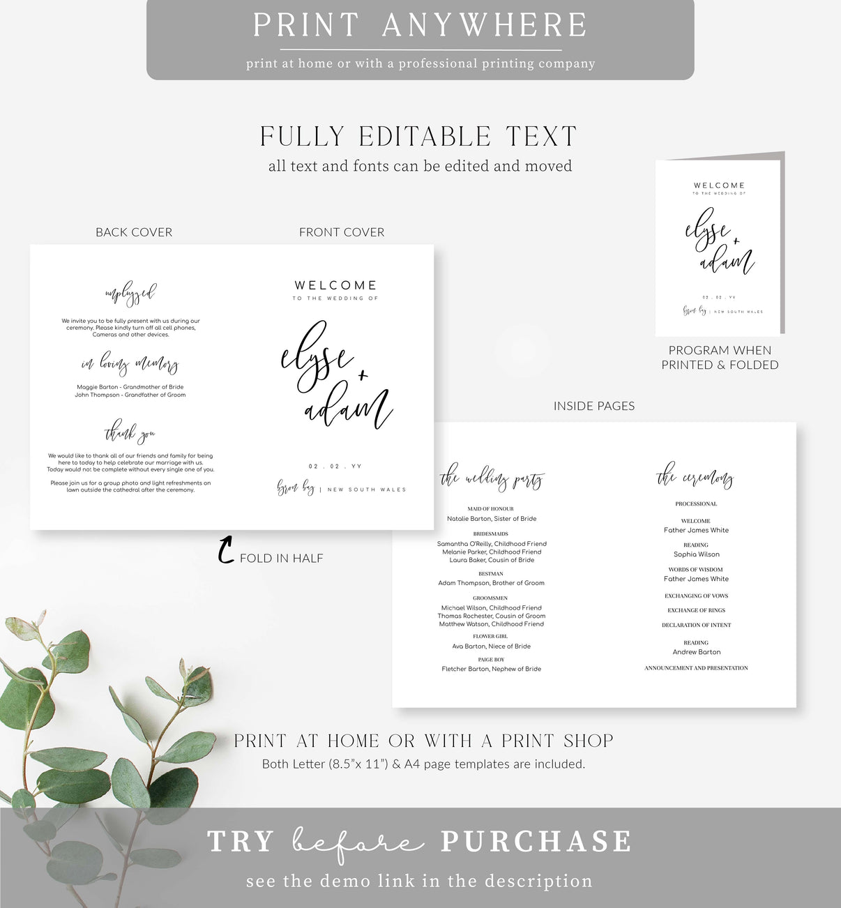 Lucas Script White | Printable Wedding Folded Program Template – Black ...