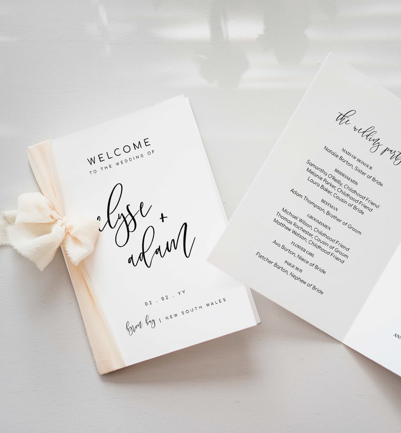 Lucas Script White | Printable Wedding Folded Program Template – Black ...