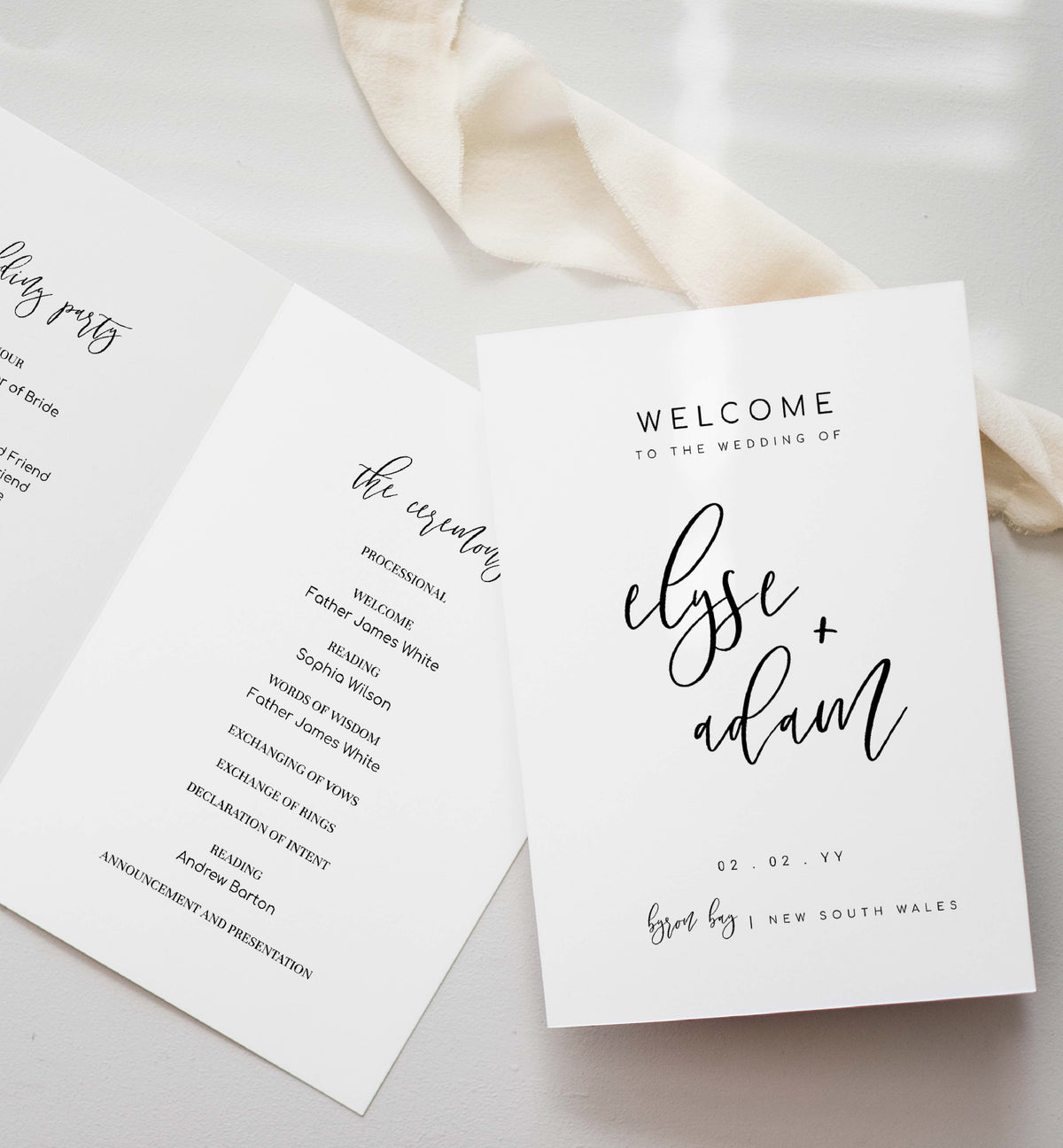 Lucas Script White | Printable Wedding Folded Program Template – Black ...