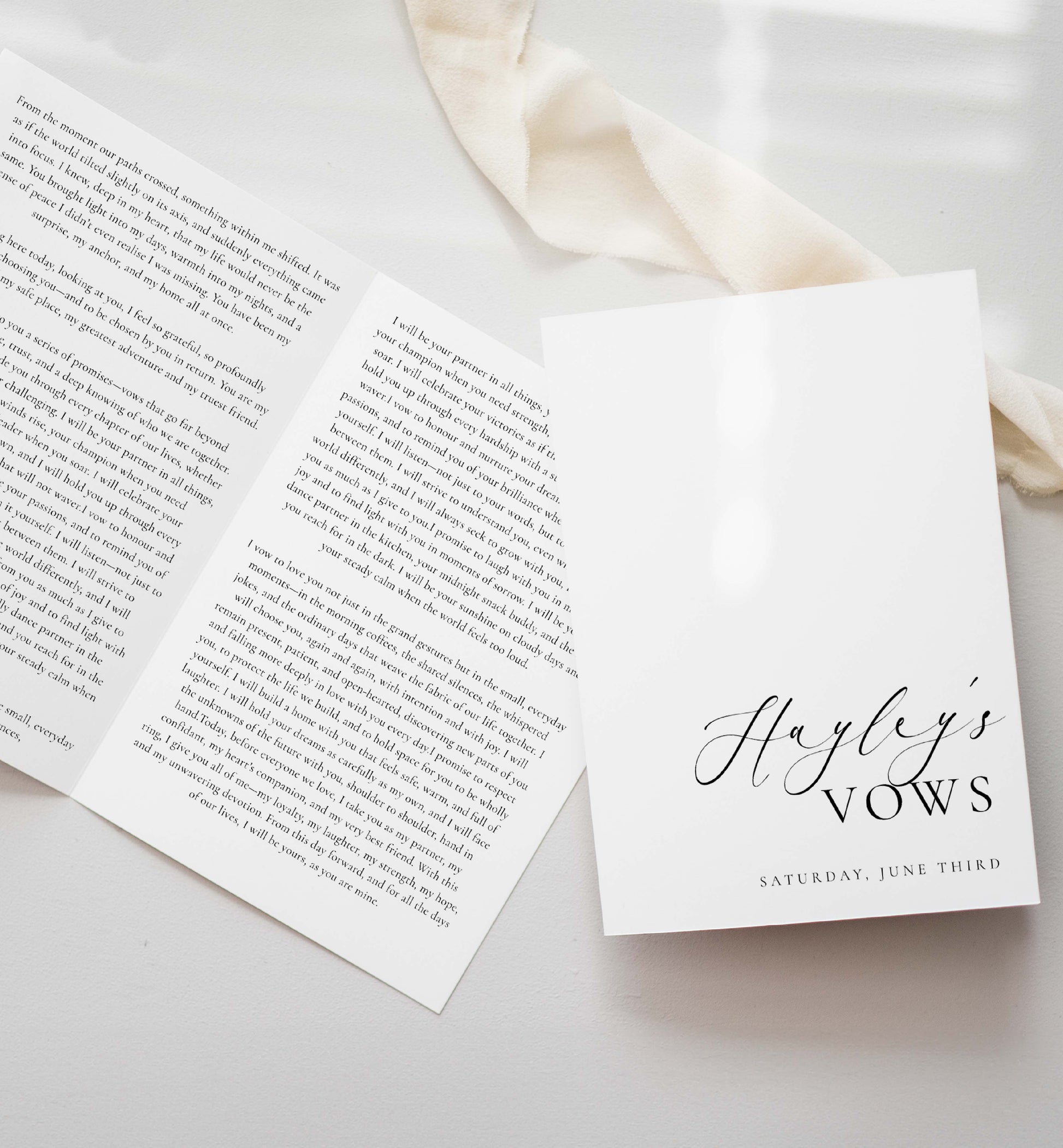 Personalized vow booklets with a cover labeled 'Hayley's Vows' on a light background. Printable His And Her Vow Books, Bride and Groom Wedding Day Card Template, Minimalist Wedding Vows Card, Wedding Ceremony Card Ellesmere