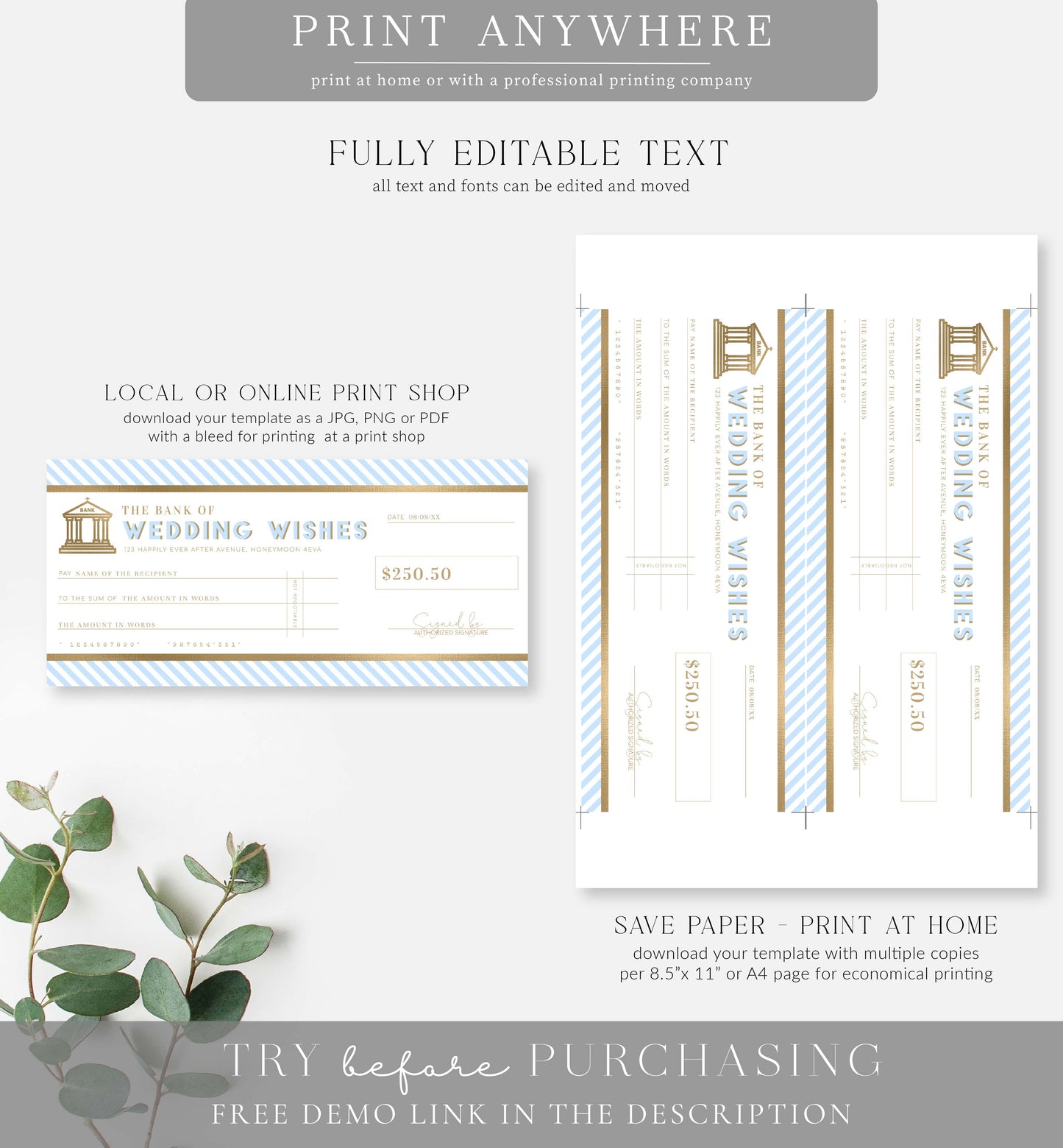 Stripe Blue | Printable Wedding Wishes Custom Gift Voucher Template