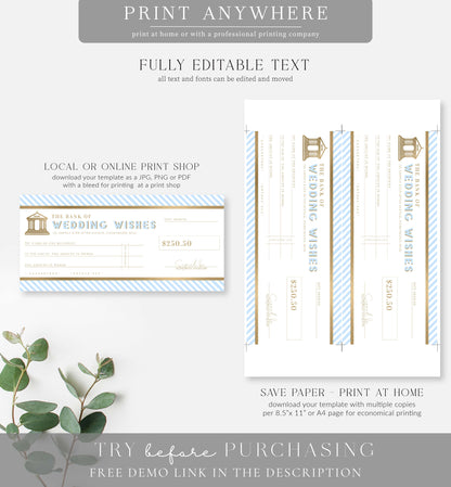 Stripe Blue | Printable Wedding Wishes Custom Gift Voucher Template