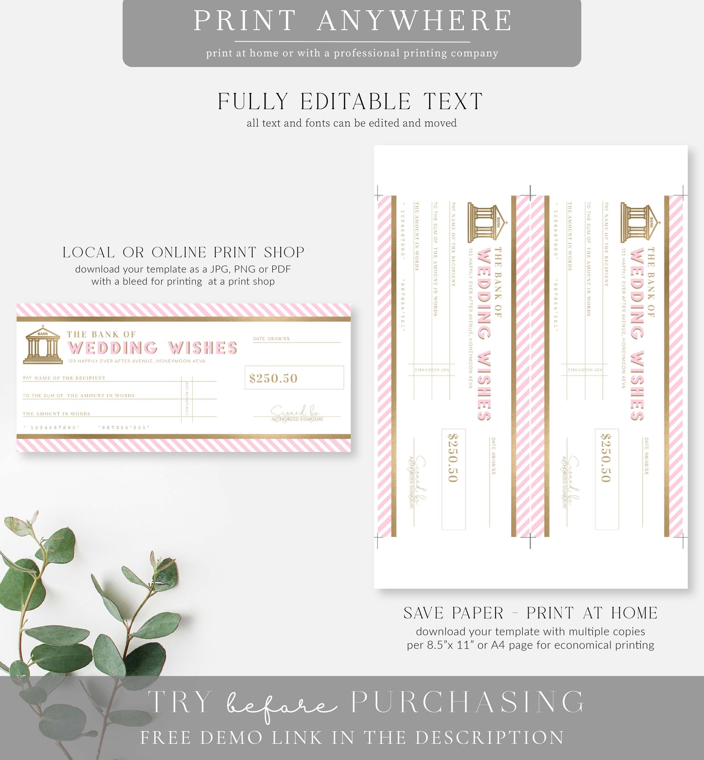 Stripe Pink | Printable Wedding Wishes Custom Gift Voucher Template