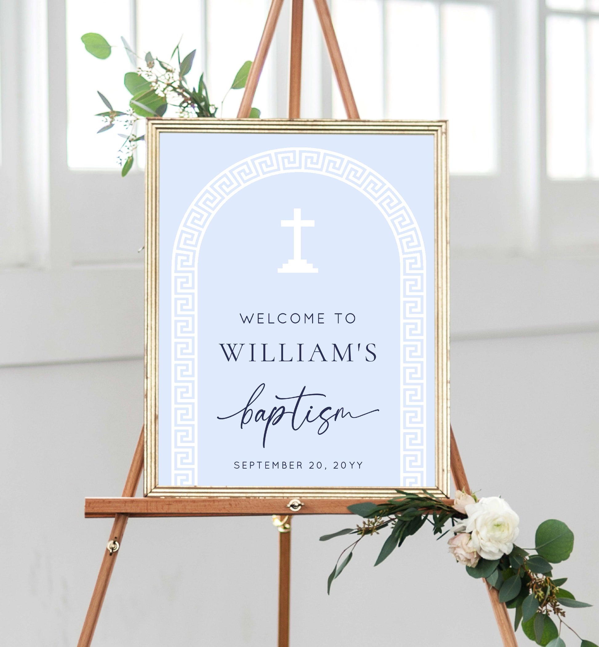 Printable Baptism Welcome Sign Template, Greek Key, Arch, Blue Boy First Birthday Printable Welcome Sign, Editable Christening Welcome Sign