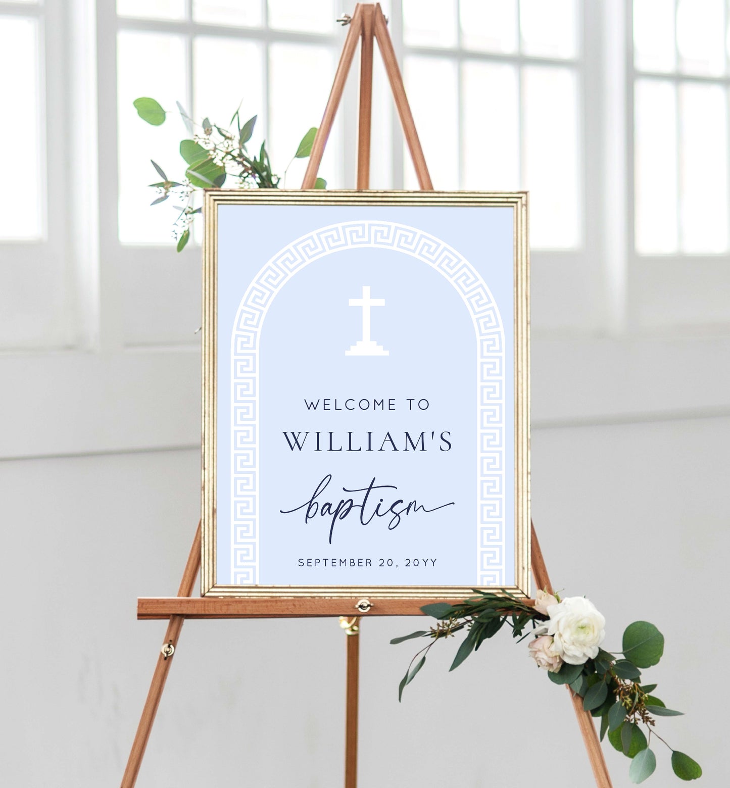 Printable Baptism Welcome Sign Template, Greek Key, Arch, Blue Boy First Birthday Printable Welcome Sign, Editable Christening Welcome Sign