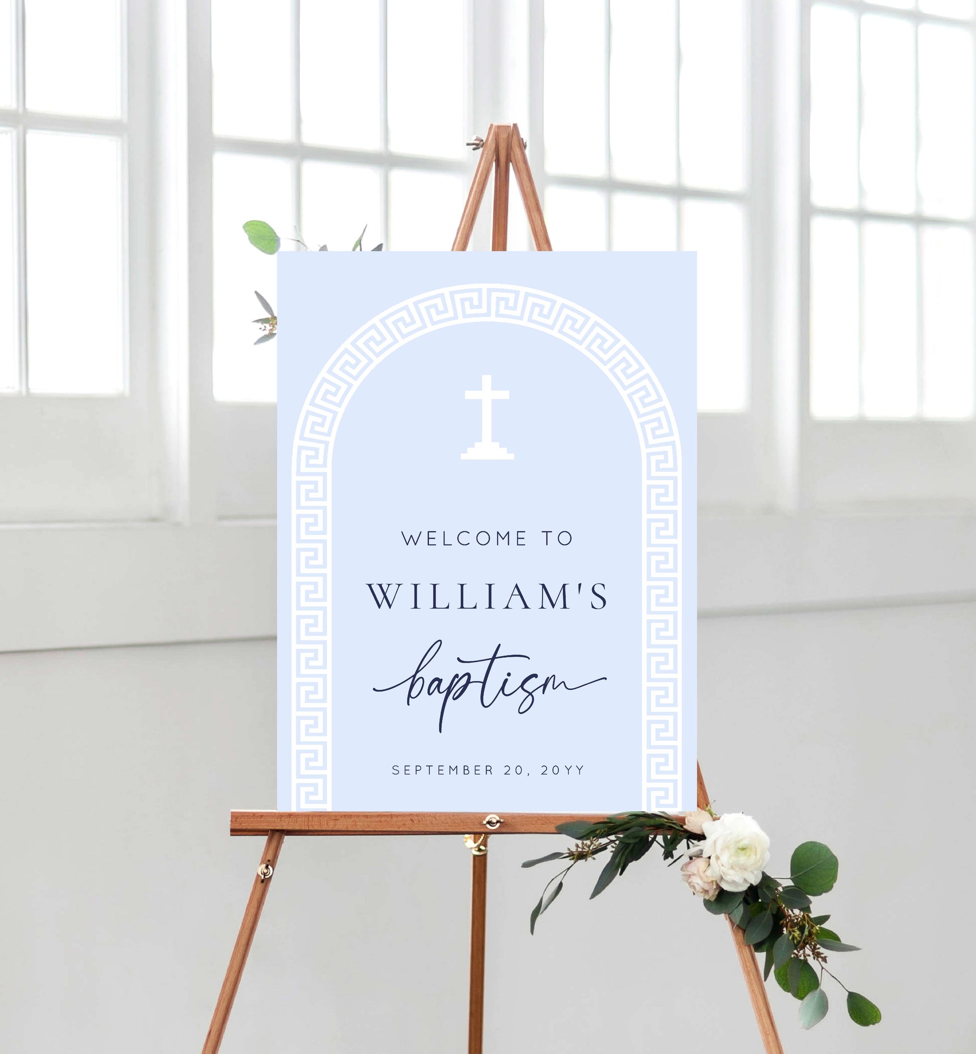 Printable Baptism Welcome Sign Template, Greek Key, Arch, Blue Boy First Birthday Printable Welcome Sign, Editable Christening Welcome Sign