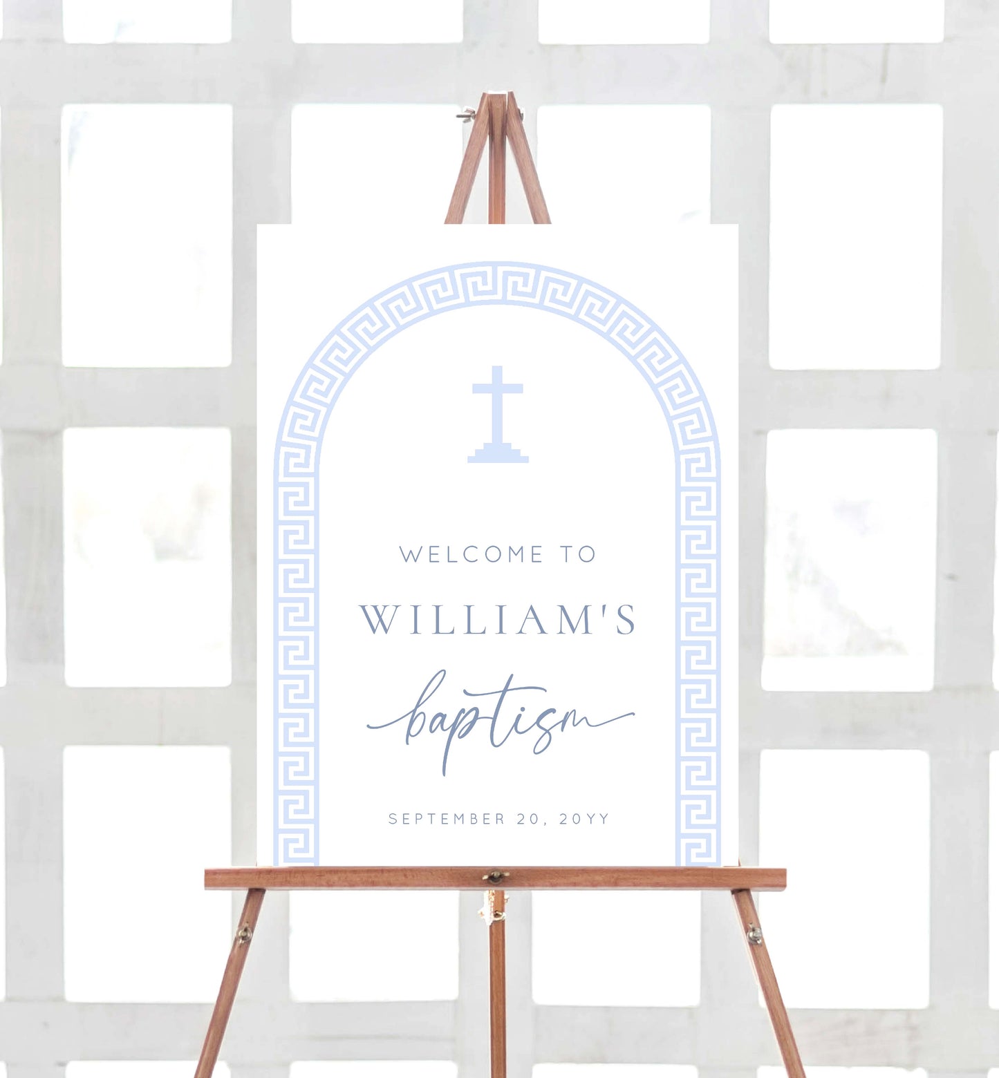 Printable Baptism Welcome Sign Template, Greek Key, Arch, Blue Boy First Birthday Printable Welcome Sign, Editable Christening Welcome Sign