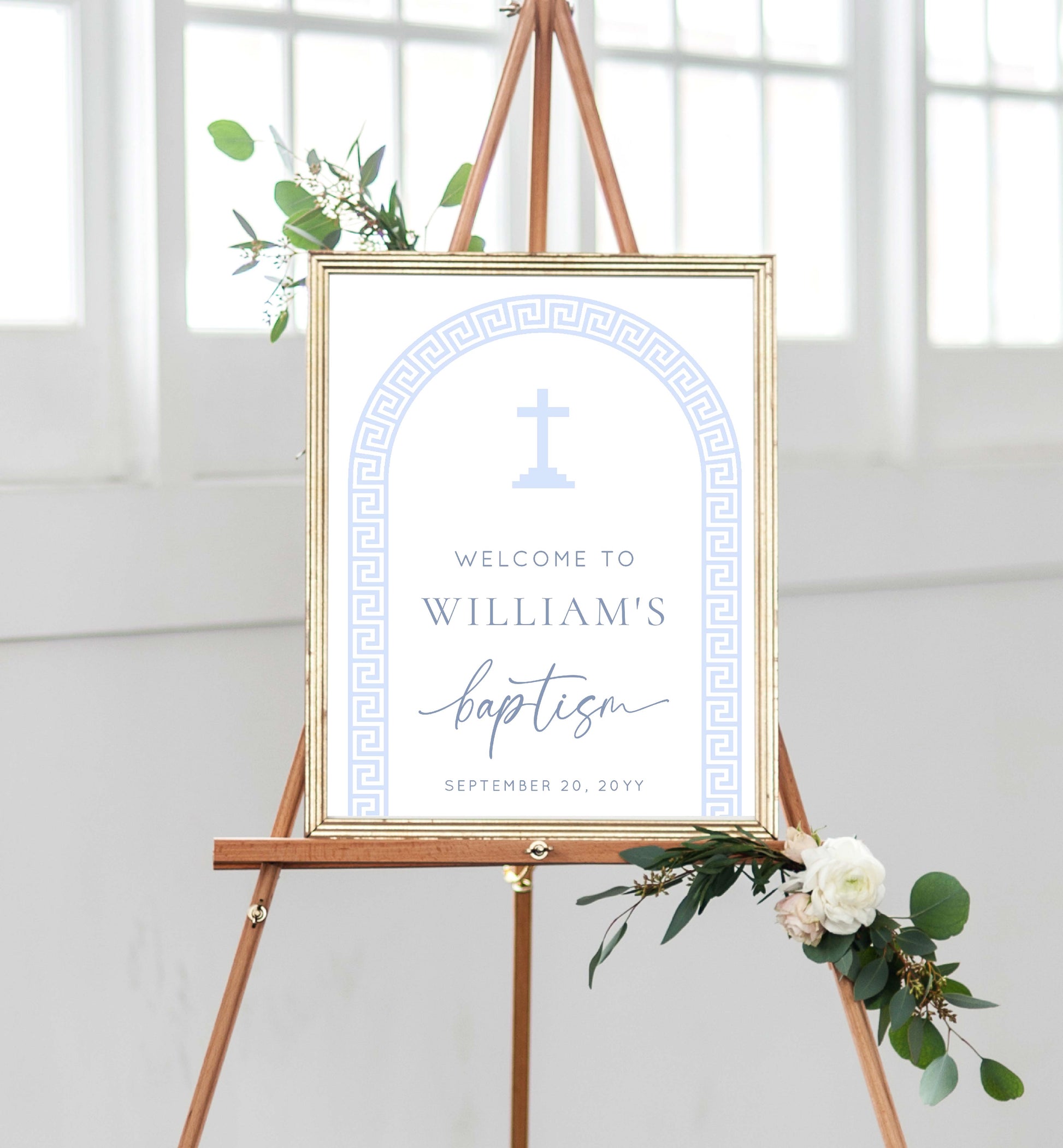 Printable Baptism Welcome Sign Template, Greek Key, Arch, Blue Boy First Birthday Printable Welcome Sign, Editable Christening Welcome Sign