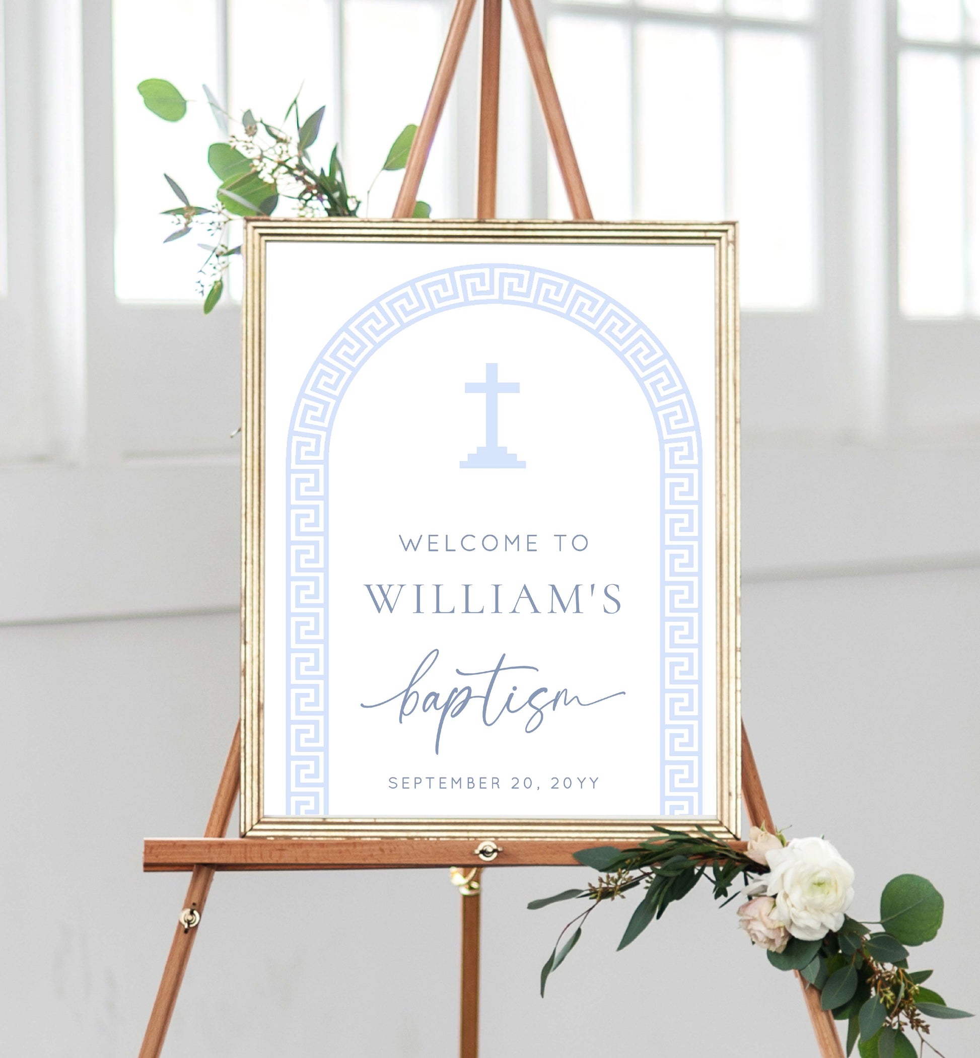 Printable Baptism Welcome Sign Template, Greek Key, Arch, Blue Boy First Birthday Printable Welcome Sign, Editable Christening Welcome Sign