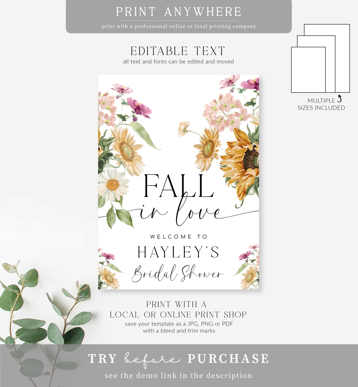 Mews Floral White | Printable Fall In Love Welcome Sign Template