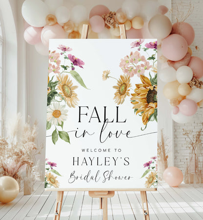 Fall In Love Bridal Shower Welcome Sign Template, Printable Sunflower Autumn Floral Bridal Shower, Fall Bachelorette Party, Mews