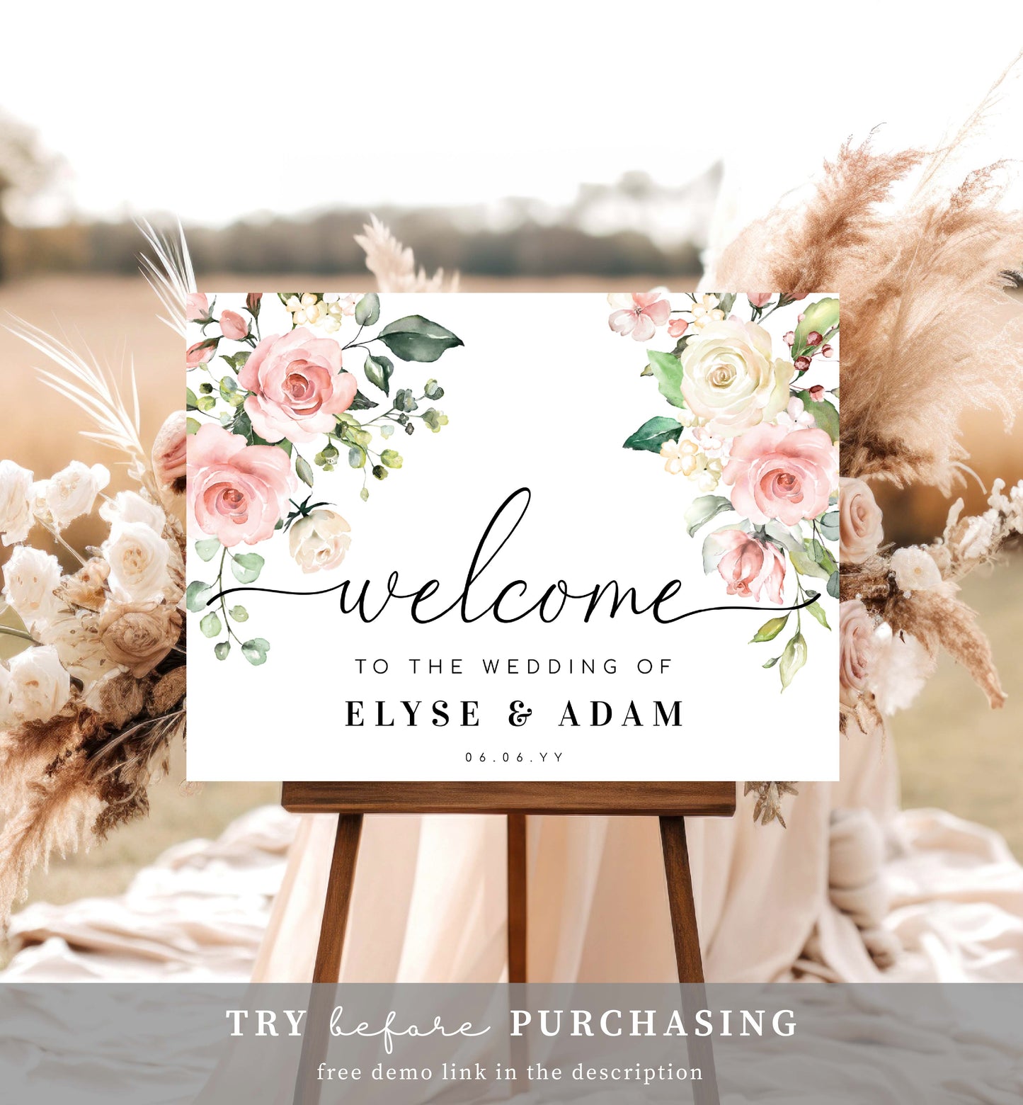 Printable Welcome Sign Landscape, Blush Floral Wedding Sign, Bridal Shower Welcome Sign, Baby Shower Sign, Engagement Sign, Darcy Pink