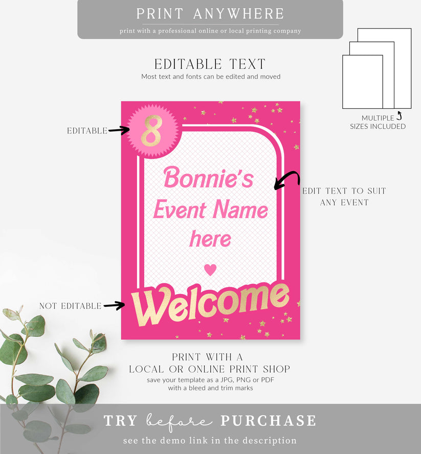 Barbie Party Hot Pink Gold | Printable Welcome Sign Template – Black ...