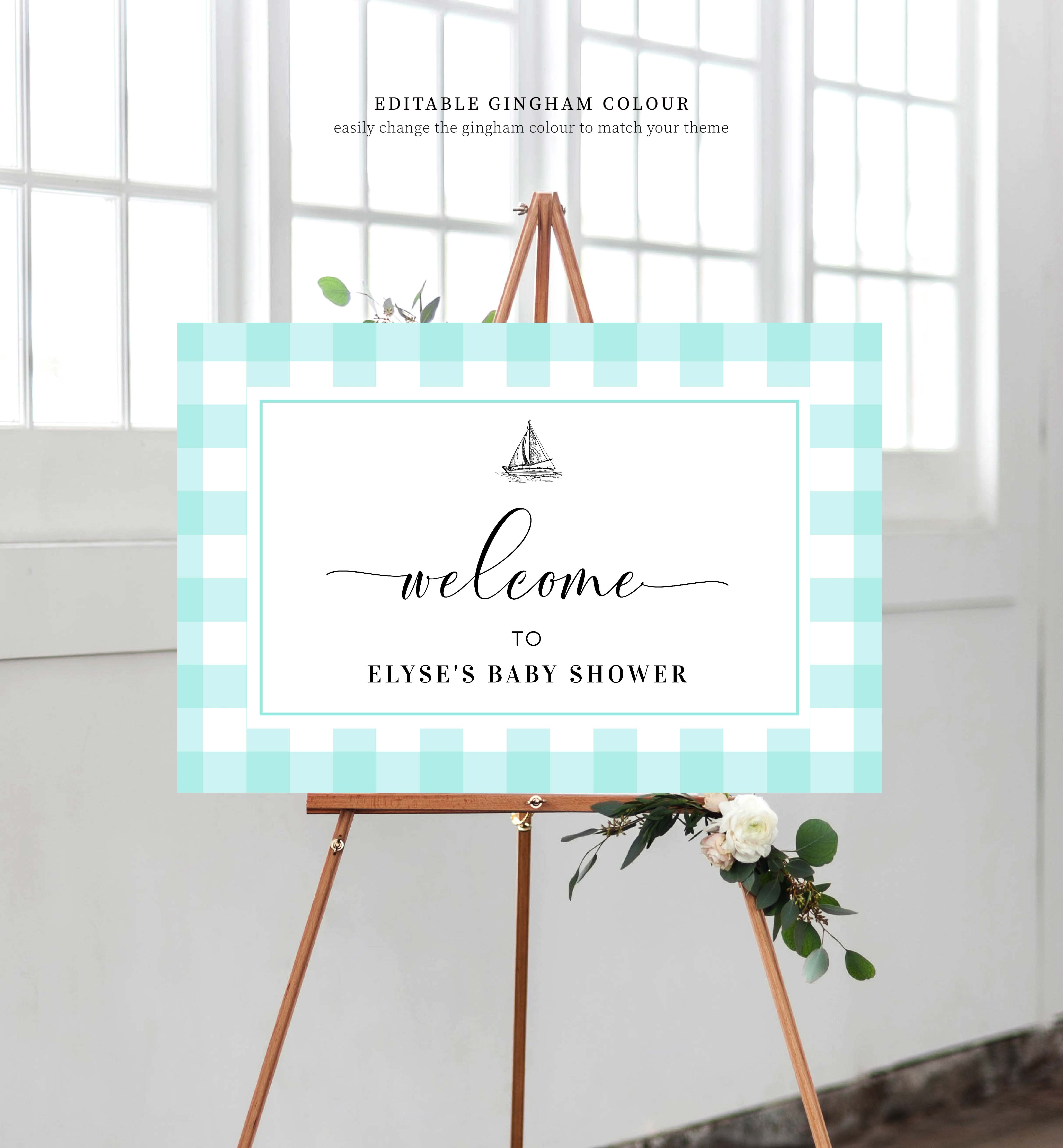 Gingham Blue Sailing Boat | Printable Welcome Sign Template – Black Bow ...
