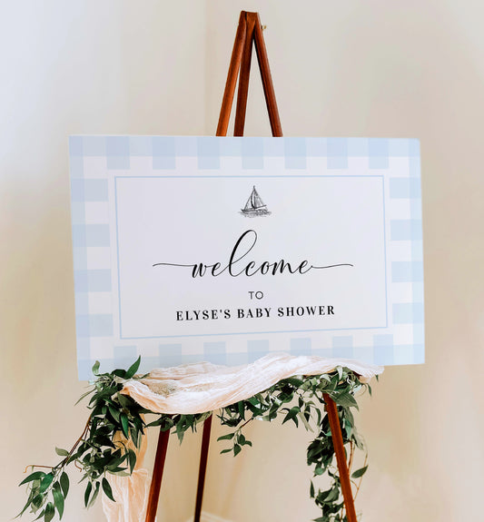 Gingham Blue Sailing Boat | Printable Welcome Sign Template