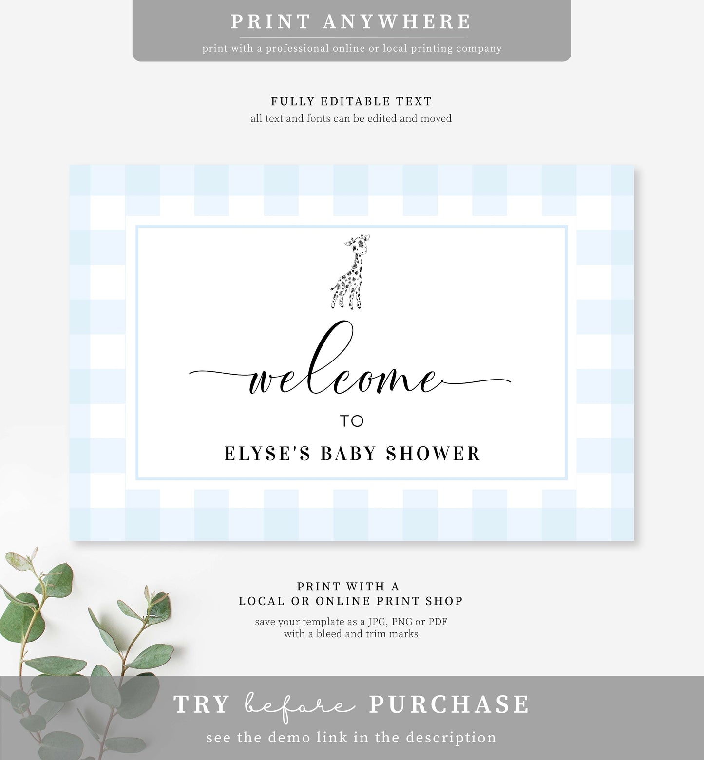 Gingham Giraffe Blue | Printable Welcome Sign Template