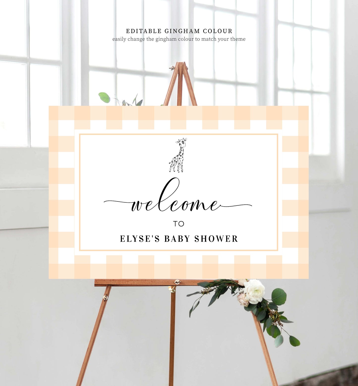 Gingham Giraffe Blue | Printable Welcome Sign Template