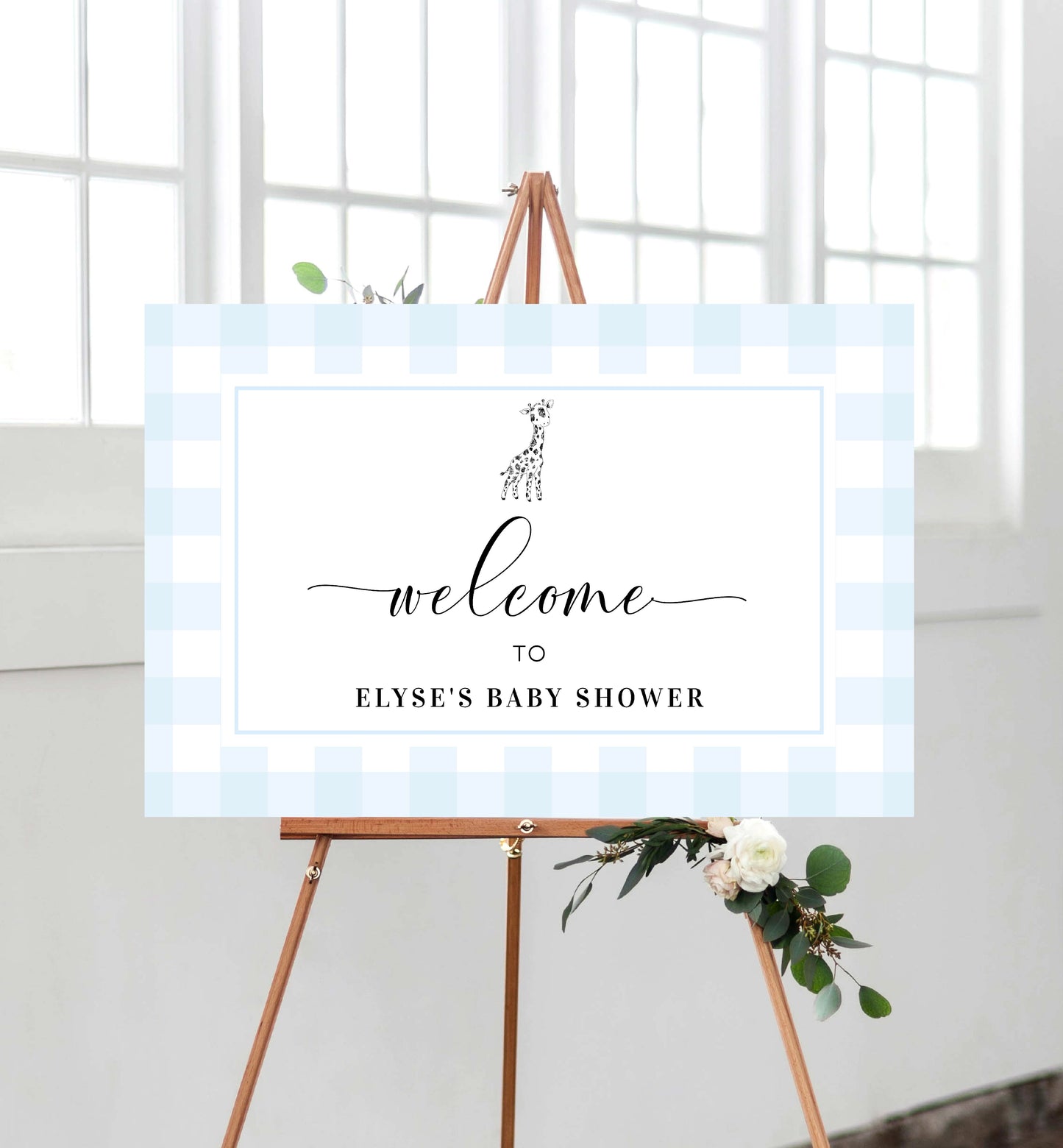 Gingham Giraffe Blue | Printable Welcome Sign Template