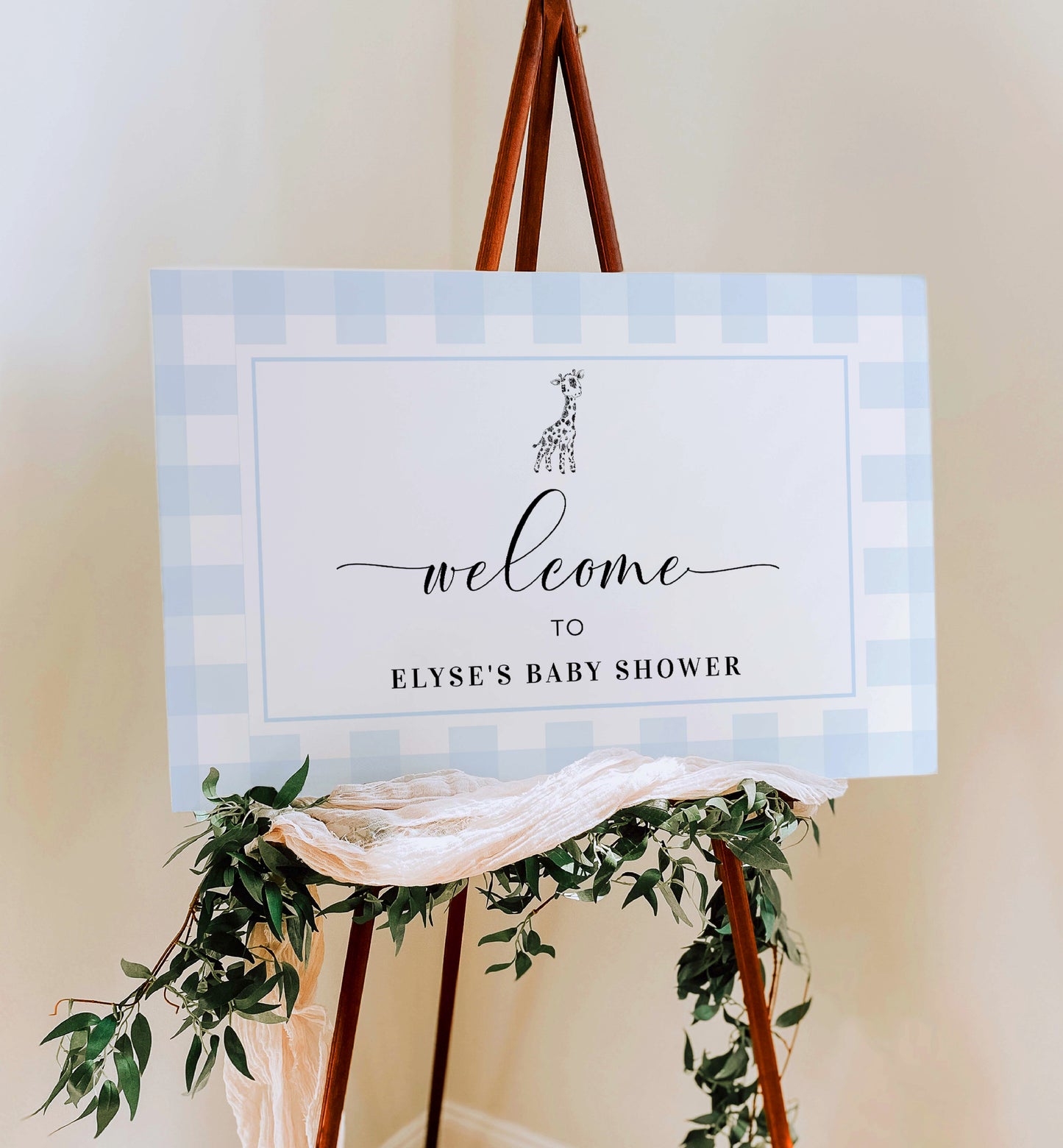 Gingham Giraffe Blue | Printable Welcome Sign Template