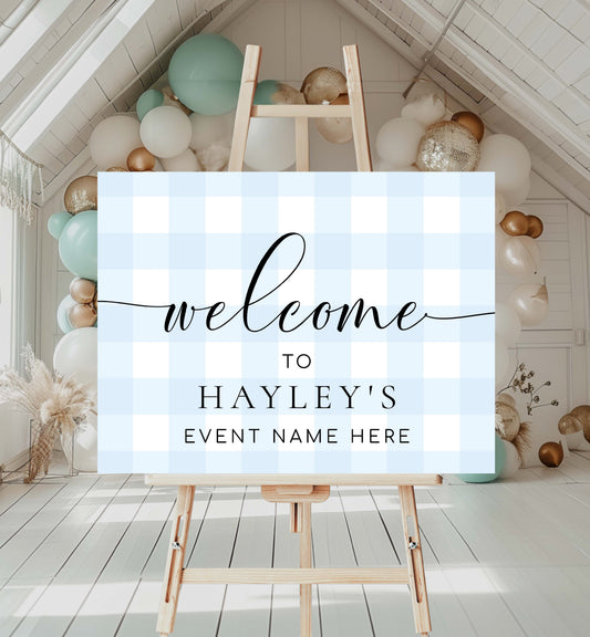 Blue Gingham Welcome Sign, Boy Baby Shower Pale Blue Check Welcome Sign, Printable Blue White Plaid, Boy Baby Sprinkle, Male Birthday Sign