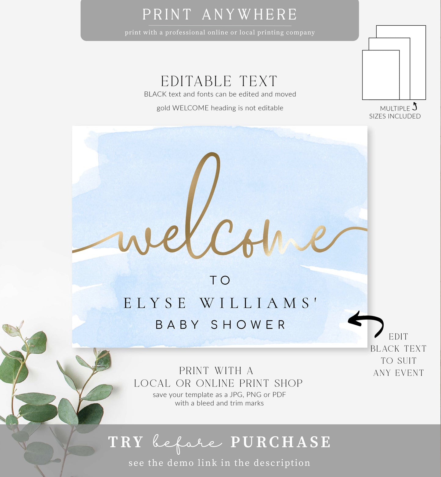 Watercolour Blue | Printable Welcome Sign Template