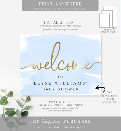 Watercolour Blue | Printable Welcome Sign Template
