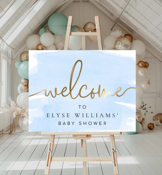 Blue and Gold Welcome Sign, Boy Baby Shower Welcome Sign, Printable First Birthday Sign, Baptism Welcome Sign, Graduation Sign, Watercolour