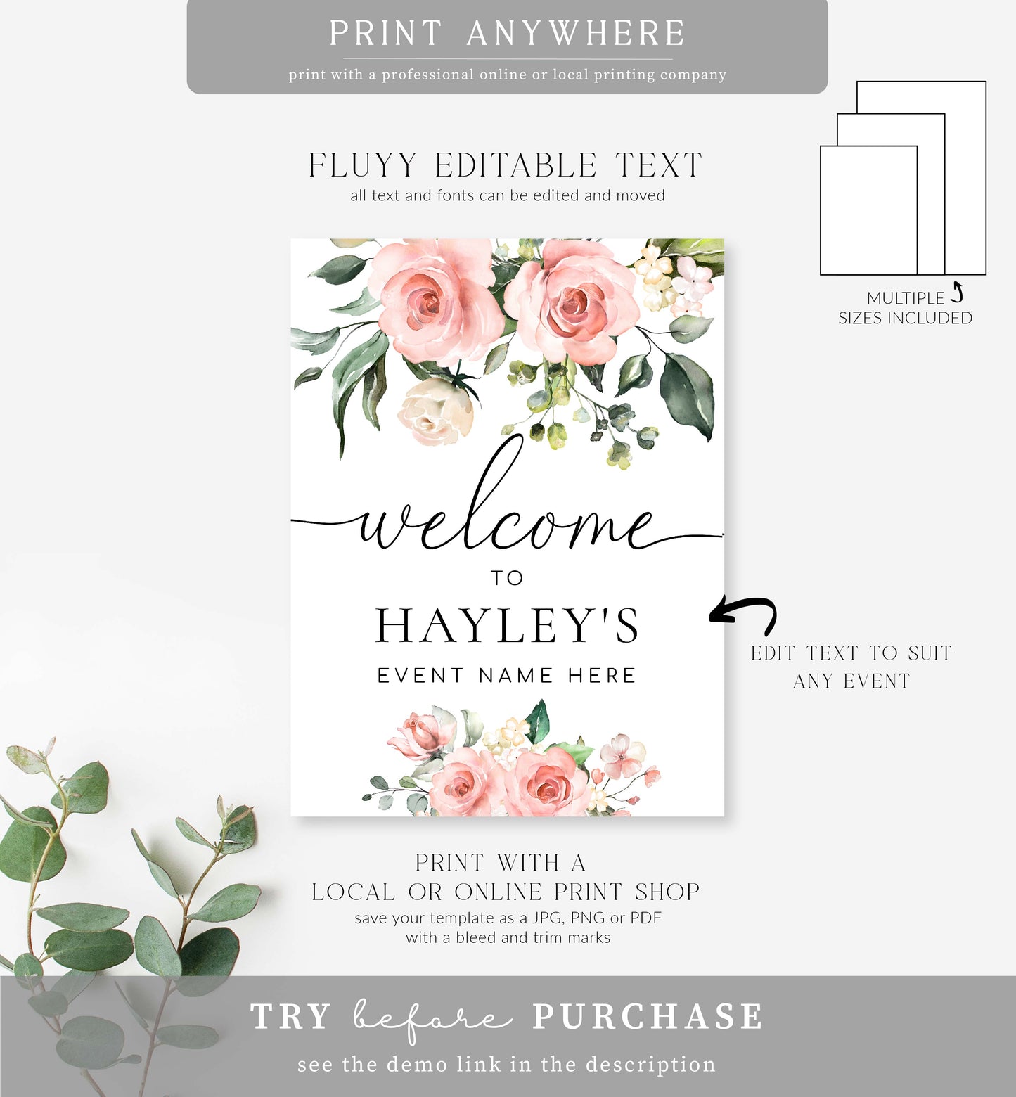 Darcy Floral Pink | Printable Welcome Sign Template