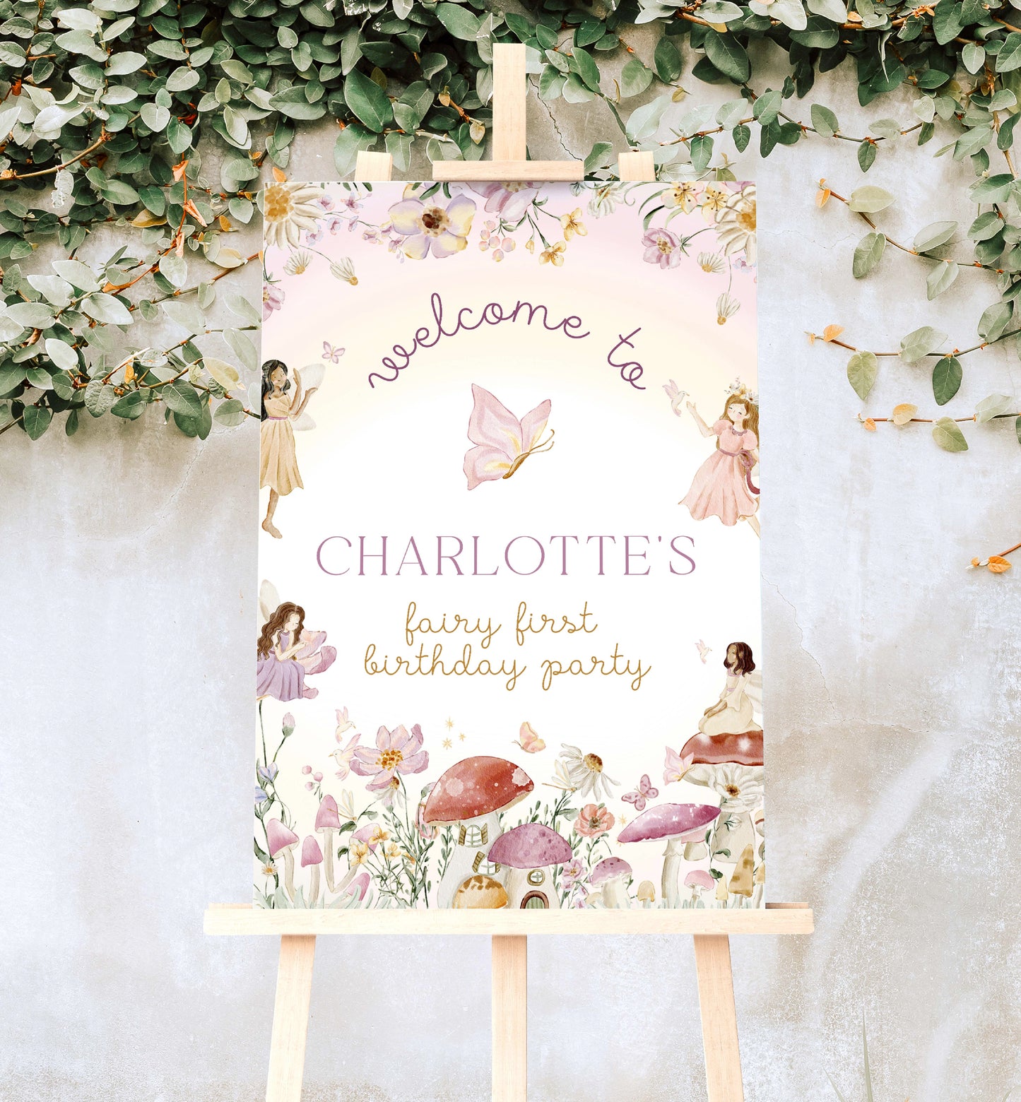 Printable Fairy Party Welcome Sign, Printable Fairy Garden Girl's First Birthday Welcome Sign, Fairy Princess Party, Mushroom Toadstool