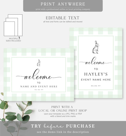 Gingham Bunny Mint Green | Printable Welcome Sign Template