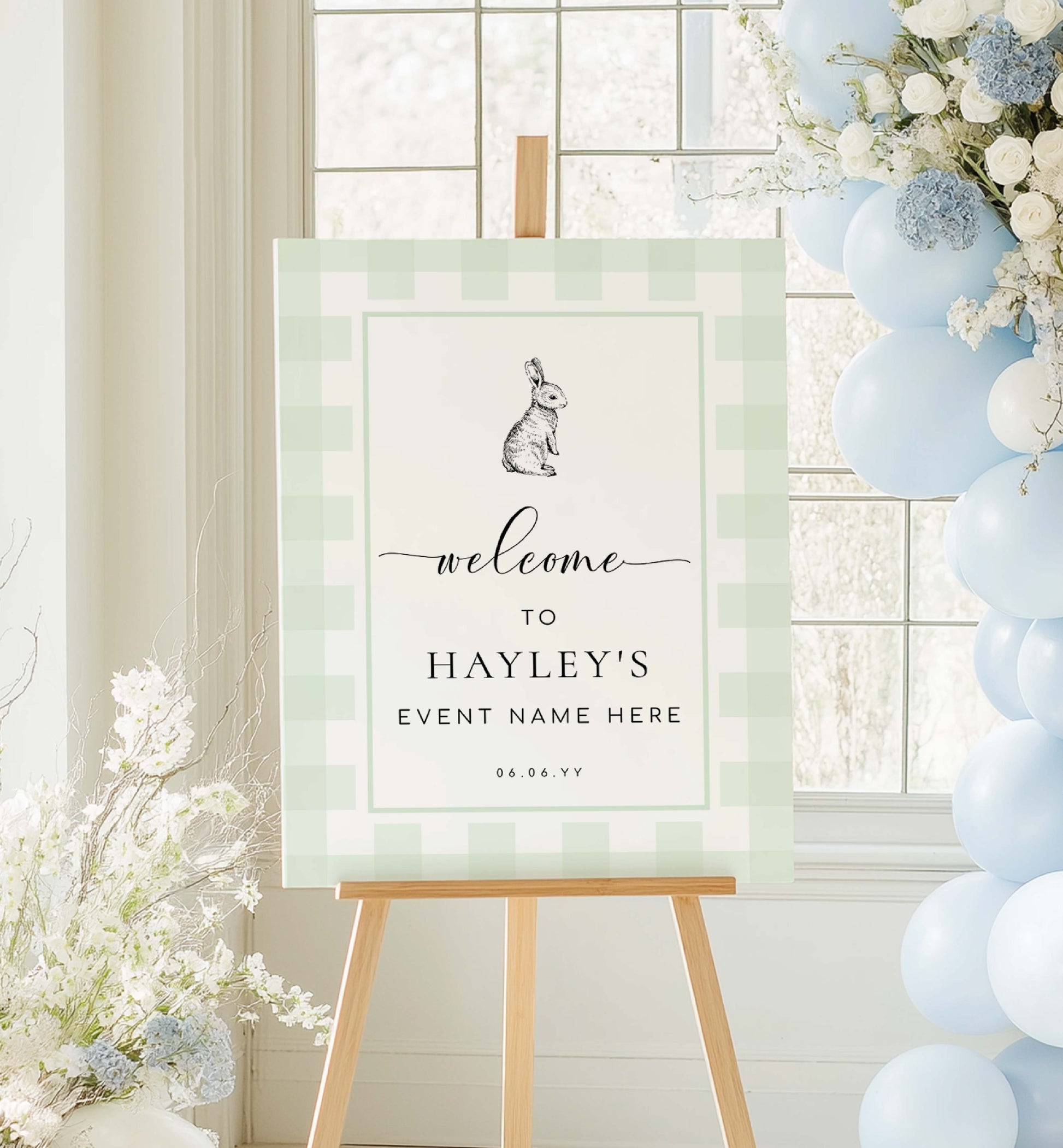 Decorative sign on an easel with floral and balloon decorations. Printable Welcome Sign, Mint Green Gingham, Bunny Rabbit Gender Neutral Baby Shower Pale Green Check Welcome Sign, Baby Shower Welcome Sign
