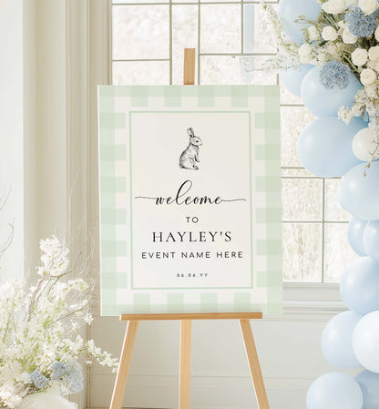 Decorative sign on an easel with floral and balloon decorations. Printable Welcome Sign, Mint Green Gingham, Bunny Rabbit Gender Neutral Baby Shower Pale Green Check Welcome Sign, Baby Shower Welcome Sign