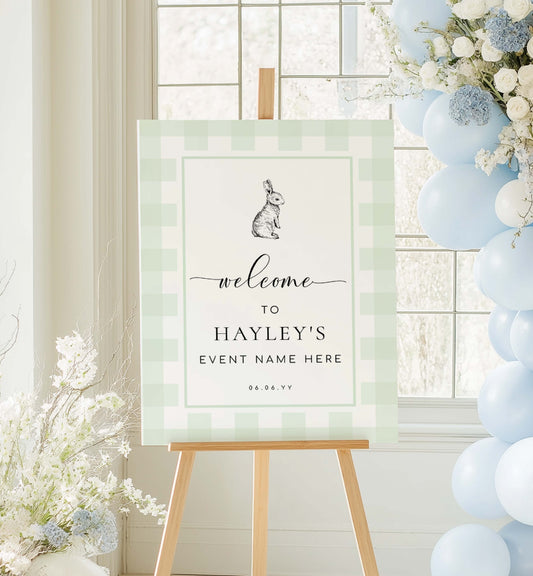 Decorative sign on an easel with floral and balloon decorations. Printable Welcome Sign, Mint Green Gingham, Bunny Rabbit Gender Neutral Baby Shower Pale Green Check Welcome Sign, Baby Shower Welcome Sign