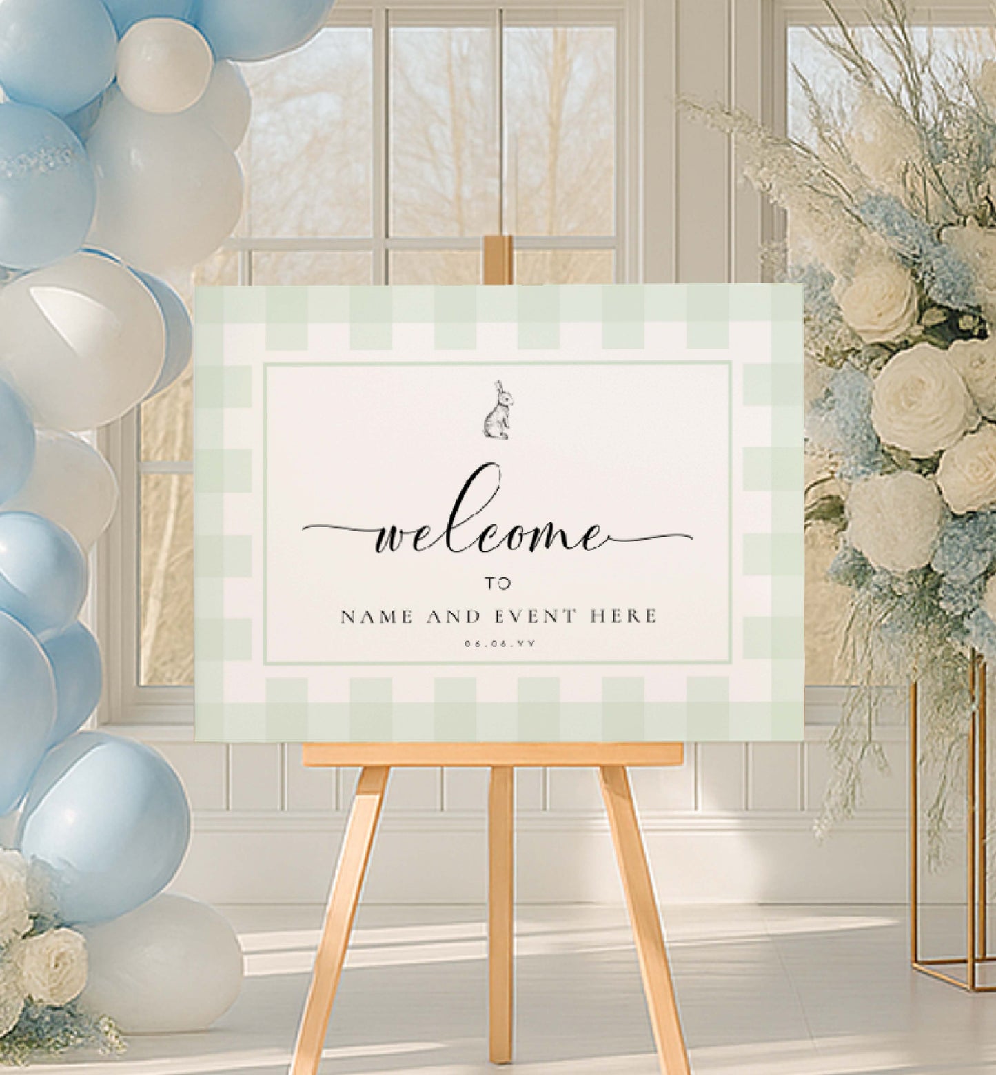 Decorative setup with balloons, flowers, and a 'welcome' sign on an easel.  Printable Welcome Sign, Mint Green Gingham, Bunny Rabbit Gender Neutral Baby Shower Pale Green Check Welcome Sign, Baby Shower Welcome Sign