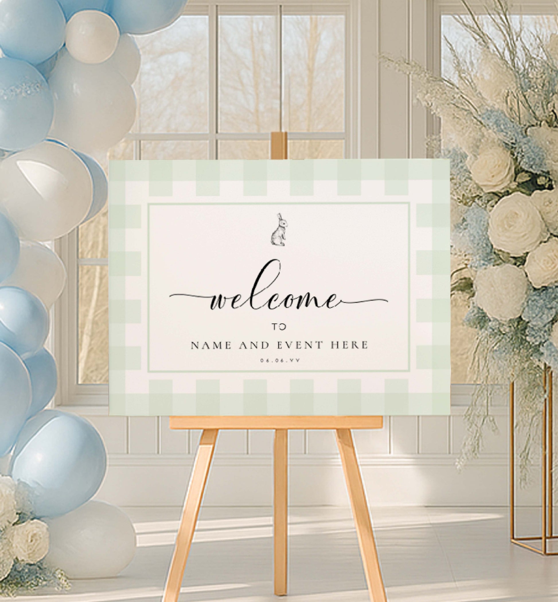 Decorative setup with balloons, flowers, and a 'welcome' sign on an easel.  Printable Welcome Sign, Mint Green Gingham, Bunny Rabbit Gender Neutral Baby Shower Pale Green Check Welcome Sign, Baby Shower Welcome Sign
