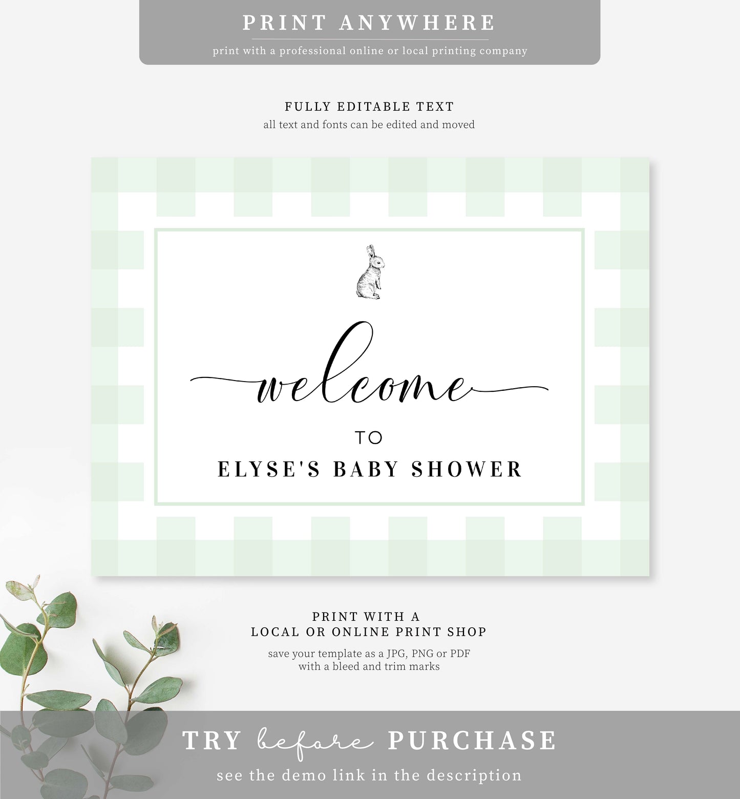 Gingham Bunny Mint Green | Printable Welcome Sign Template