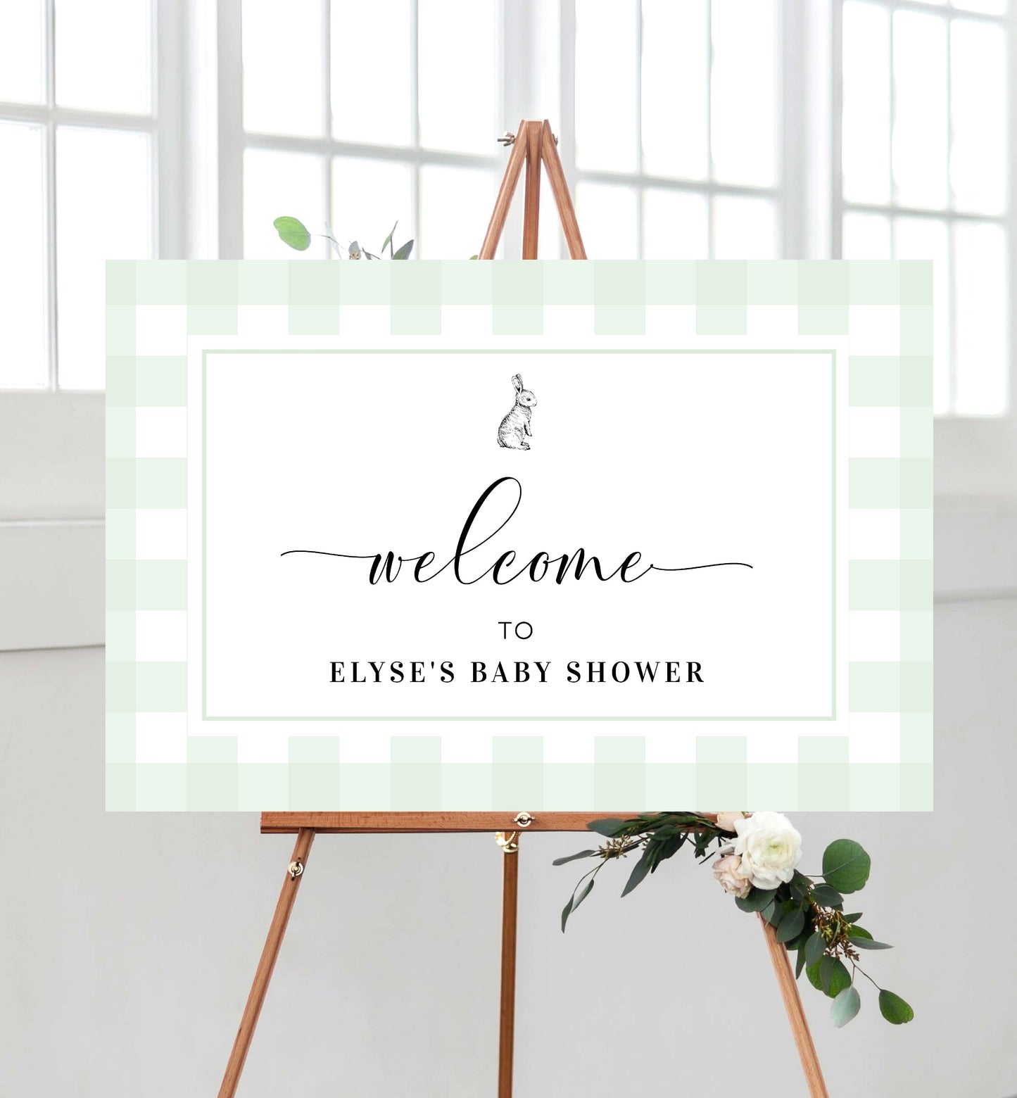 Gingham Bunny Mint Green | Printable Welcome Sign Template