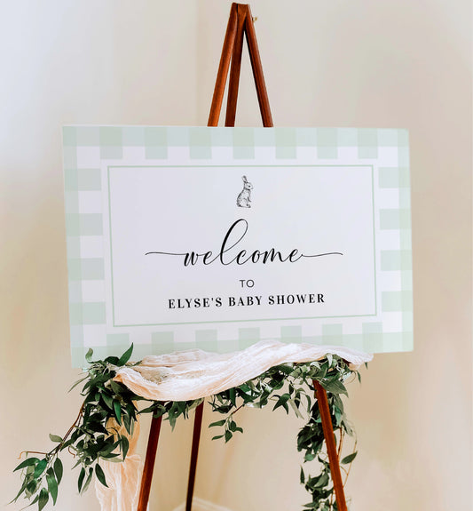 Gingham Bunny Mint Green | Printable Welcome Sign Template