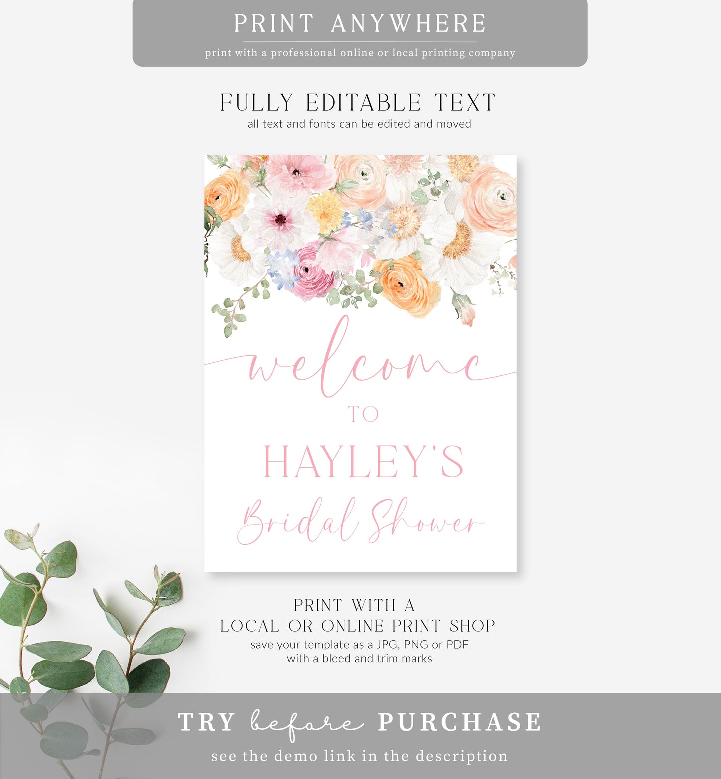 Millie Floral White | Printable Welcome Sign Template