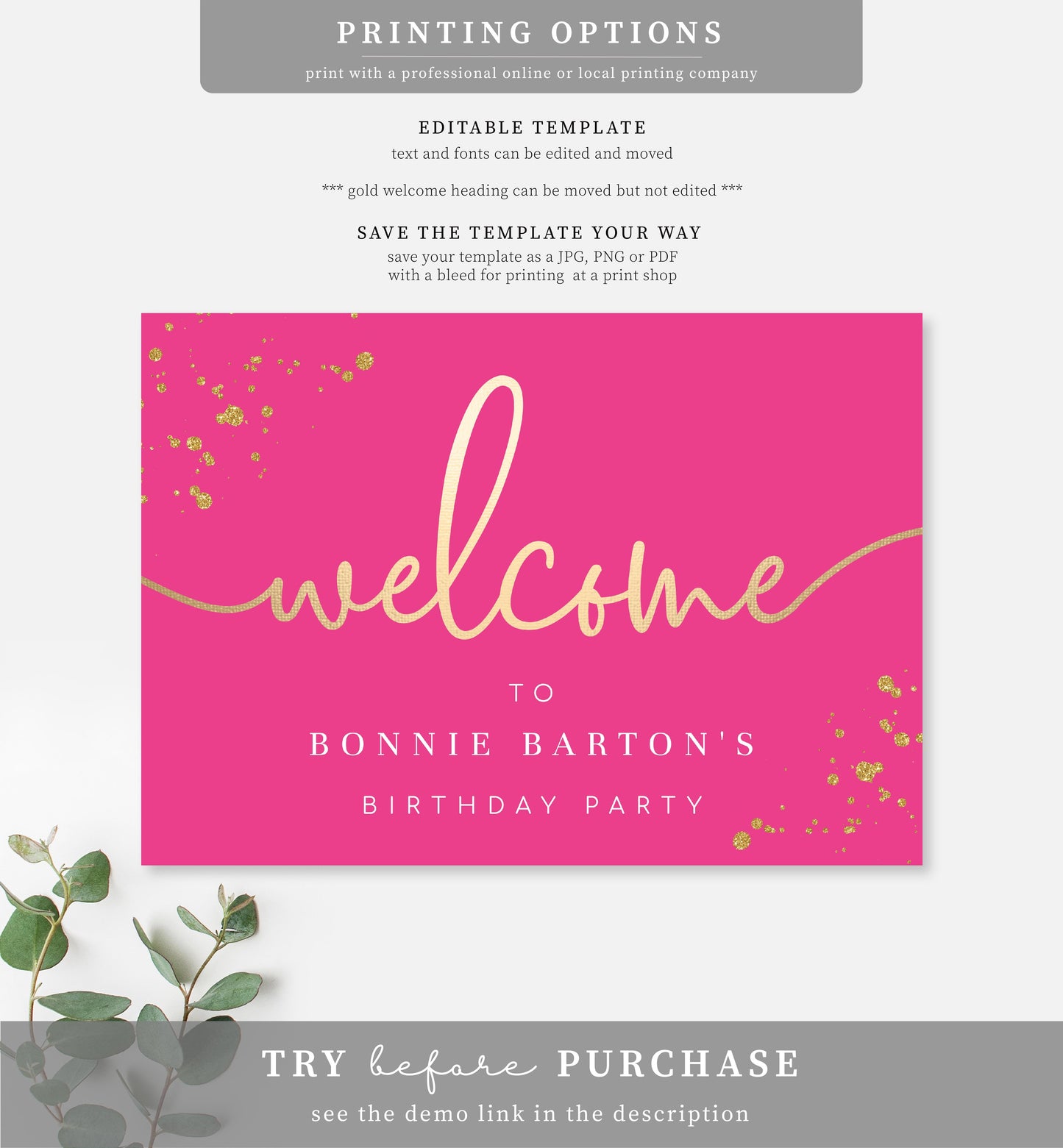 Paintly Hot Pink Gold | Printable Welcome Sign Template
