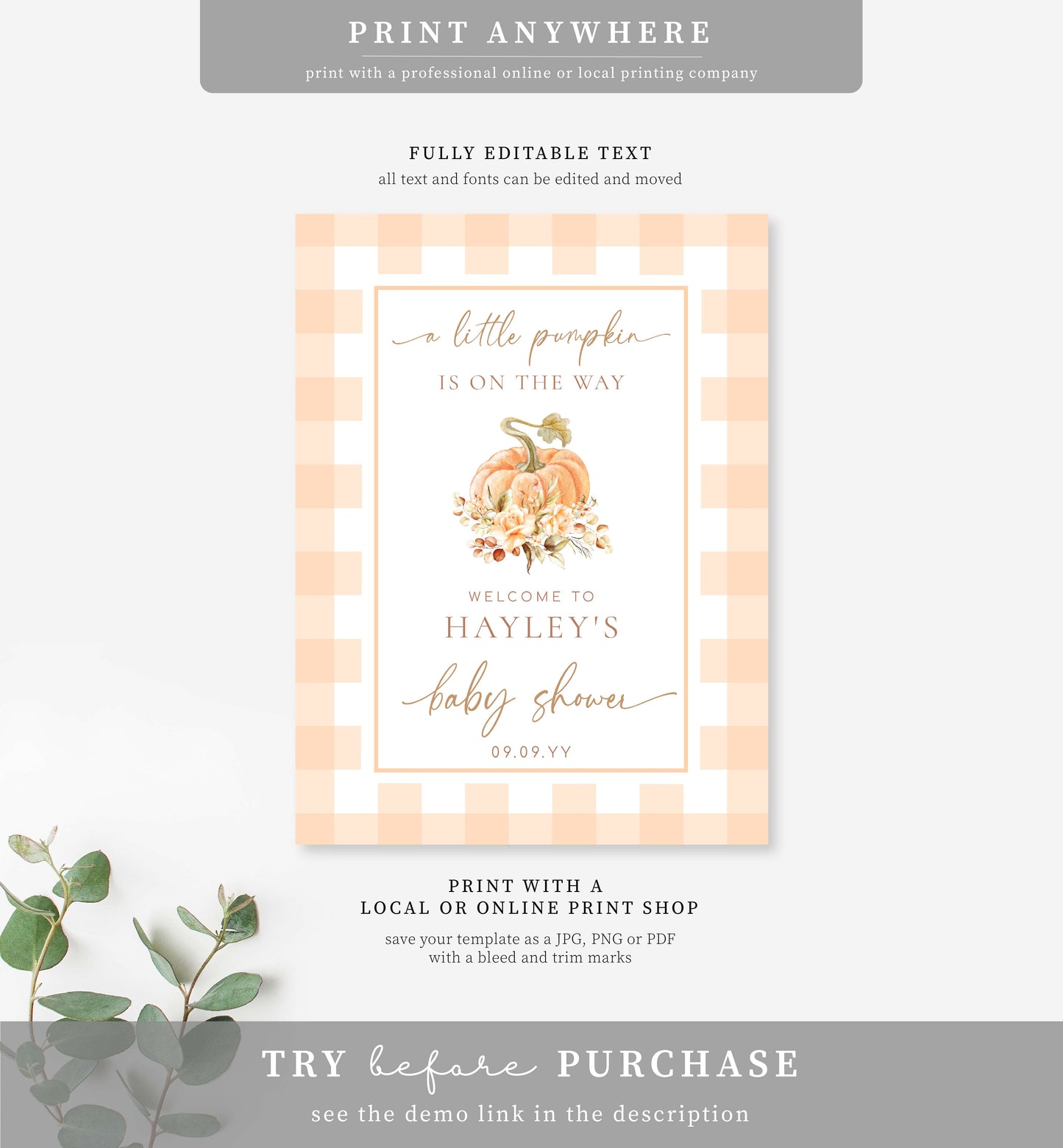 Gingham Peach Pumpkin | Printable Welcome Sign Template