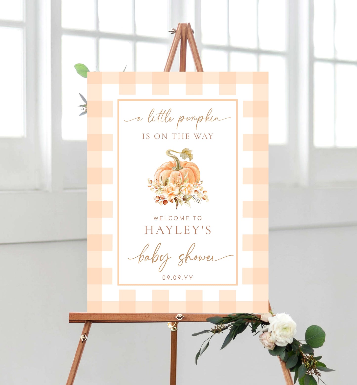 Peach Gingham Printable Welcome Sign, Fall A Little Pumpkin Is On The Way Gingham Check Welcome Sign, Gender Neutral Baby Shower Sign