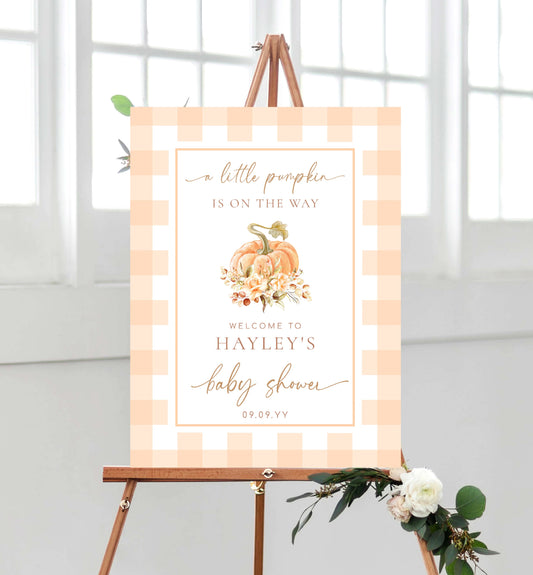 Peach Gingham Printable Welcome Sign, Fall A Little Pumpkin Is On The Way Gingham Check Welcome Sign, Gender Neutral Baby Shower Sign